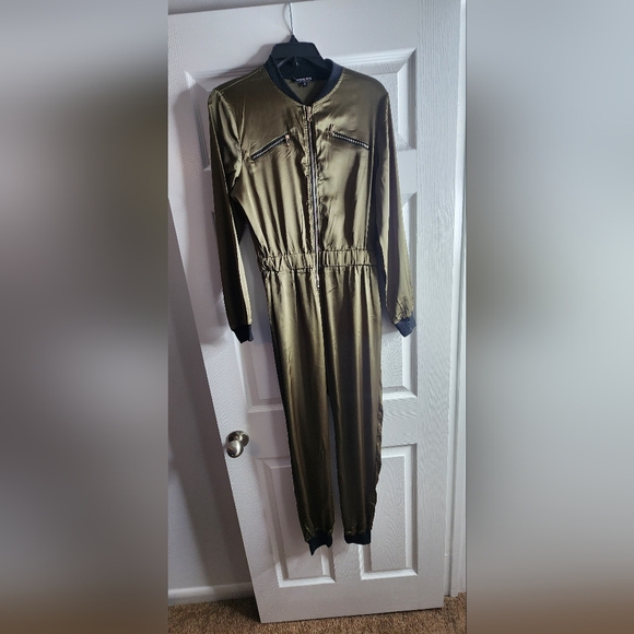 Fashion Nova Pants - Fashion Nova Khaki Bomber Jumpsuit with Gold Zipper